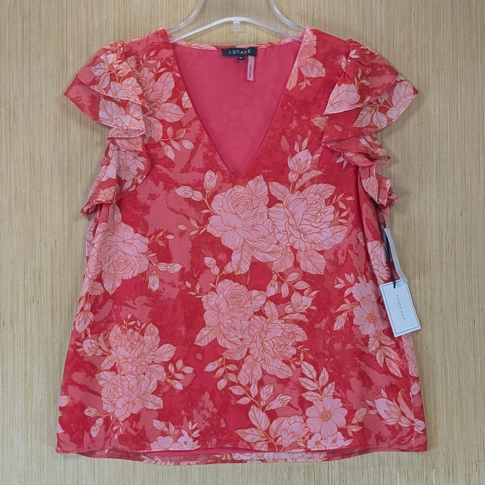 1.STATE Womens Red Pink Rose Floral Ruffle Flutter Sleeve Blouse Medium NEW - Picture 1 of 7